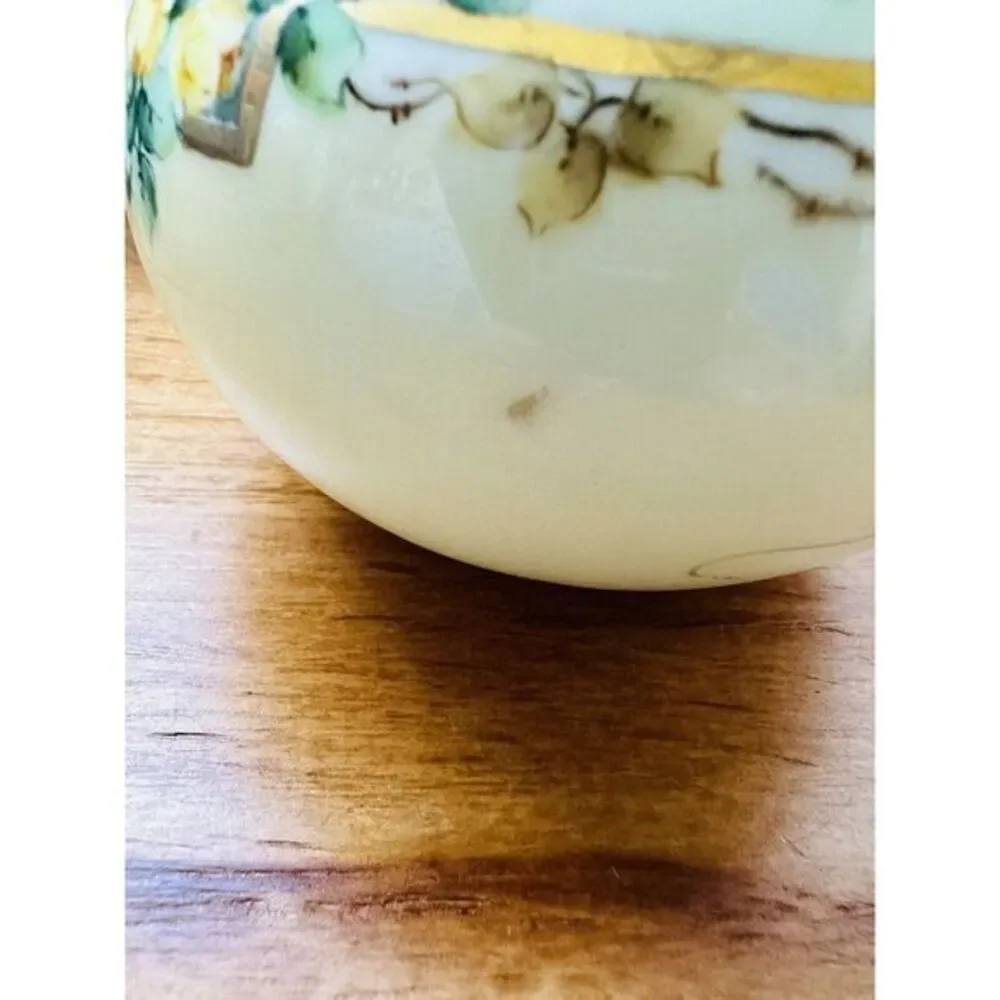 Vintage Hand Painted Yellow Flowers Vase Green & Gold‎ Accents 4.5
